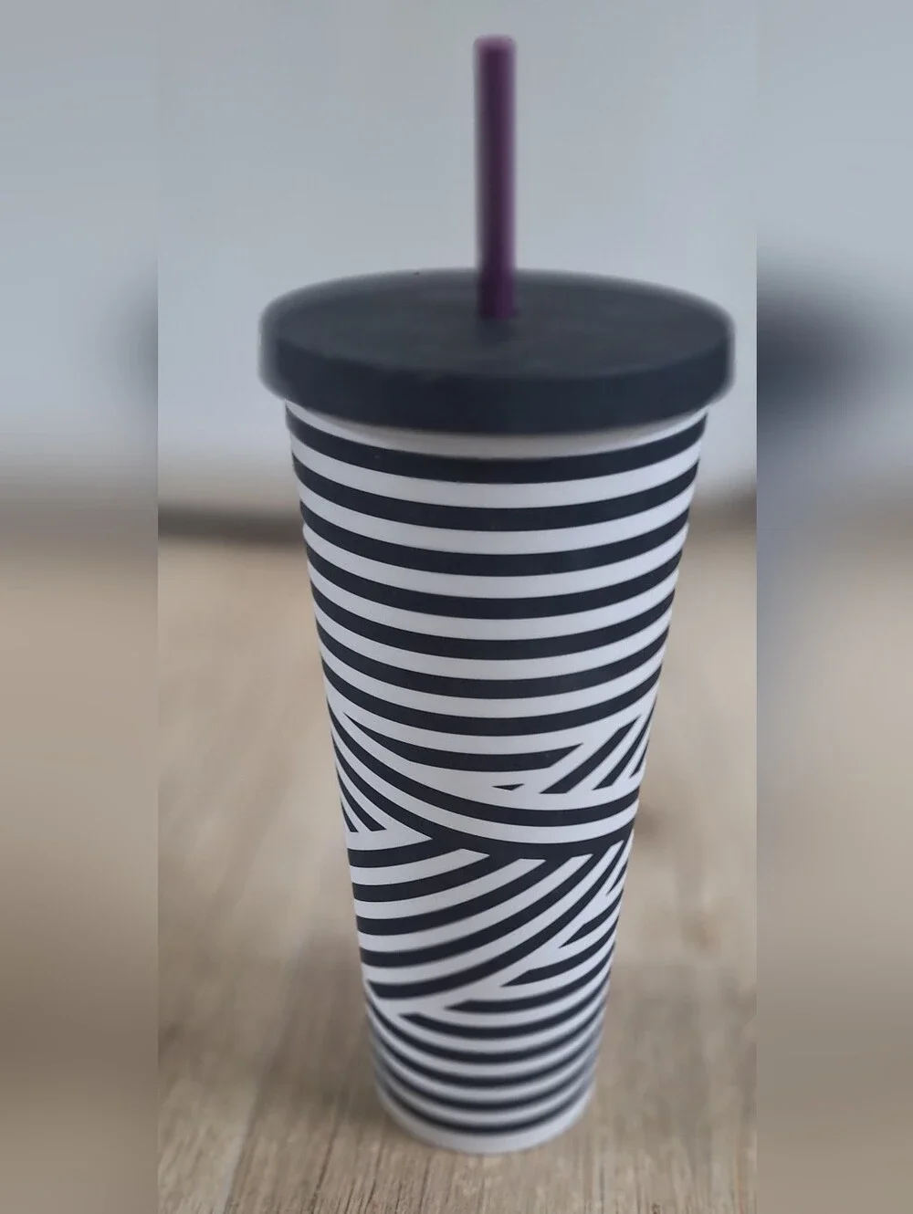 Starbucks Black & White Striped Tumbler with Purple Straw